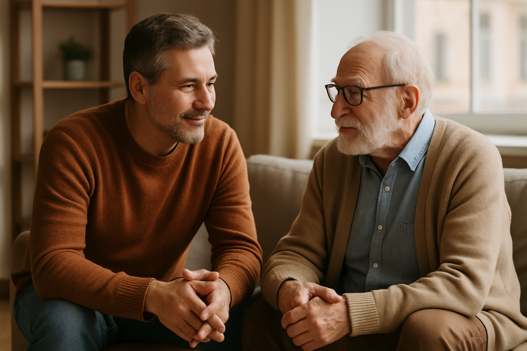 Twee mannelijke professionals voeren een gesprek over carrière en zingeving in een medische of farmaceutische context.